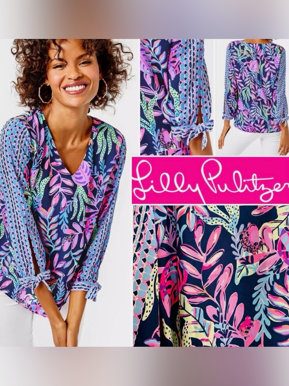 Lilly Pulitzer Pamala Top Blouse Oyster Bay Navy You’ve Been Spotted Size L